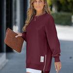 Letter Patch Detail Long Sleeve Drop Shoulder Pullover Sweatshirt Casual Zipper Side Slit Top