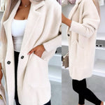Notched Collar Long Sleeve Single Breasted Coat Casual Mid-legth Fuzzy Coat with Pockets