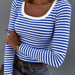 Women's Striped Ribbed U-Neck Long Sleeve Top Slim Fit Contrast Trim Tee