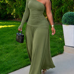 Women's One Shoulder Long Sleeve Ruched Maxi Dress with Thumb Hole