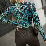 Women's Vintage Print Long Sleeve Top Slim Fit Crewneck Tee Retro Stretchy Base Layer Shirt with Thumb Holes
