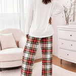 Women's Pajama Set Christmas Reindeer Print Crew Neck Long Sleeve Top and Plaid Wide Leg Pants