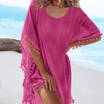 Women's Front & Back Reversible Beach Cover Up Crochet Lace Hollow Out Spliced Tassel Vacation Caftan Dress