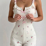 Ditsy Floral Print Notch Neck Adjustable Spaghetti Straps Contrast Piping Trim Romper Slim Fit Bowknot Decor Ruffles Spliced Backless Jacquard Textured Pajama Romper