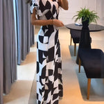 Geometric Print V-Neck Drawstring Short Sleeve Button Front Overalls Casual High Waist Zipper Back Wide Leg Jumpsuit