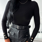Mock Neck Long Sleeve Button Detail Tee Slim Fit Pullover Top