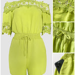 Women's Lace Off Shoulder Romper Shirred Waist Tied Detail Textured Short Jumpsuit with Pockets