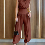 Padded Shoulders Sleeveless Cinched Waist Side High Slit Overalls Casual Hollow-out Back Ruched Jumpsuit