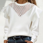 Contrast Lace Hollow-out Ruffles Long Sleeve Sweatshirt Casual Loose Fit Top