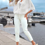 Women's Hollow Out Half Sleeve Knit Coat Baseball Collar Zipper Up Drawstring Hem Crop Jacket