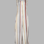 Women's V Neck Bow Tie Shoulder Striped Jumpsuit Casual Loose Wide Leg Overalls with Pockets