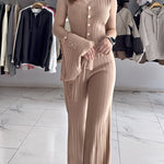 3 Pcs Outfits V Neck Long Sleeve Knit Coat with Metal Button Detail Tank Top Casual Long Pants Knit Sets