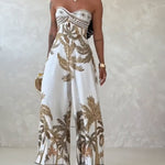 Palm Tree Print Bandeau Twist Front Backless Tie Back Overalls Casual Hollow-out Front Wide Leg Jumpsuit