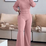 2 Pieces Outfit O-neck Long Sleeve Cinched Waist Sweatshirt and Elastic Waist Wide Leg Pants Set Casual Seam Design Sweatpants Set