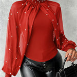 Pearls Decor High Neck Chiffon Draped Cape-style Cloak Sleeve Spliced Tee Ruched Hollow-out Back Slim Fit Top