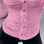 Long Sleeve Button Down Shirt Collar Neck Ruched Fitted Top