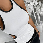 Women's Ribbed Contrast Trim Tank Top Sleeveless Crew Neck Cutout Slim Fit Stretch Casual Top