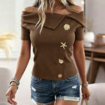 Women's Foldover Off Shoulder Rib-Knit Top Slim Fit Short Sleeve Tee with Gold Button Detail