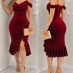 Women's Rhinestone Velvet Asymmetrical Dress Pearl Strap Cold Shoulder Ruffle Mermaid Evening Gown