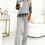 Vintage Plaid Print Spliced Turn-down Collar Long Sleeve Faux Two-Piece Top and Elastic Waist Pants Set Casual Ribbed Brushed Commuting Set