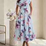 Women's Skew Neck Midi Dress Elegant Ruched Floral A-Line Dress High Waisted Vacation Dress with Pockets