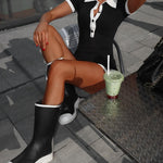 Women's Contrast Binding Polo Romper Slim Fit Half ButtonJumpsuit Short Sleeve Rib-Knit Romper