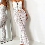 Women's Sheer Lace Jumpsuit Sexy Strapless Lace-up Tube Overalls Flare Leg Jumpsuit with Detachable Clear Straps