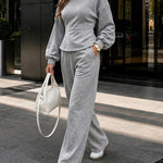 Women's 2 Piece Sweatsuit Set Long Sleeve Back Lace Up Pullover and High Waist Wide Leg Pants Lounge Tracksuit with Pockets