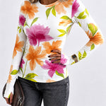 Women's Floral Print Long Sleeve Top Slim Fit Tee with Thumb Holes