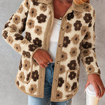 Women's 3D Faux Shearling Floral Jacket Corduroy Trim Button Down Fleece Coat