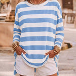 Women's Striped T Shirt Long Sleeve Drop Shoulder Crewneck Tee Side Slit Casual Loose Fit Top