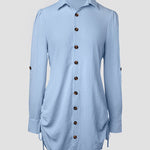 Turn-down Collar Roll Up Sleeve Button Down Shirt Dress Casual Shirred Back Side Drawstring Mini Dress