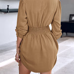 Turn-down Collar Roll Up Sleeve Button Down Shirt Dress Casual Shirred Back Side Drawstring Mini Dress