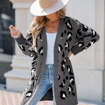 Women's Leopard Pattern Open Front Mid-length Knit Cardigan Sweater Coat