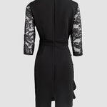Metal Decor V-Neck Lace Spliced Three Quarters Sleeves Ruffles Design Evening Dress Zipper Back Slit Slim Fit Party Dress with Belt