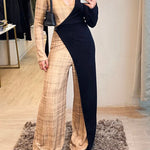 Colorblock Long Sleeve V Neck Faux Two Piece Jumpsuit Casual Wide Leg Romper