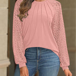Contrast Lace Round Neck Lantern Sleeve Ruched Blouse Elegant Shirt