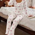 Women's Floral Bow Print Frill Trim Pajama Set Lace U-Neck Henley Long Sleeve Top and Pants Lounge Set