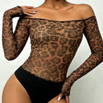 Allover Rhinestone Decor Leopard Print Off Shoulder Long Sleeve Slim Fit Sheer Mesh Bodysuit with Thumb Hole Cuffs