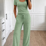 Women's 2 Piece Striped Pajama Set Short Sleeve Square Neck Crop Top and Wide Leg Pants Casual Loungewear