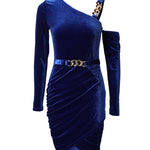 Women's Asymmetrical Neck Gold Chain Detail Ruched Velvet Bodycon Mini Dress