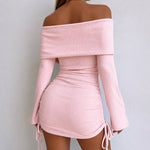 Women's Foldover Off Shoulder Long Sleeve Ruched Mini Dress Drawstring Bodycon Dress