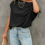 Skew Neck Drawstring Sleeve Loose Fit Casual Top
