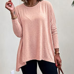 Women's Asymmetric Hem Long Sleeve Top Loose Fit Dropped Shoulder Crewneck Soft Slouchy Casual Tee