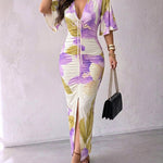 Women's Floral V Neck Drawstring Ruched Maxi Dress Batwing Sleeve Slit Bodycon Vacation Dress