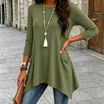 Women's Ribbed Asymmetrical Hem Top Crewneck Three Quarters Sleeve A-Line Casual Top