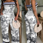 CHICME Women's Landscape Print Stretchy Straps Shirred Romper Convertible Strapless Wide Leg Bandeau Jumpsuit with Belt