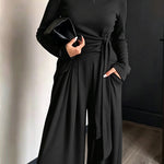 Women's 2 Piece Knit Lounge Set Long Sleeve Tie Waist Top and High Waisted Wide Leg Pants Casual Soft Sweatsuit with Pockets