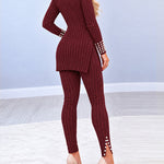 2 Pieces Outfit Mock Neck Long Sleeve Hollow-out Back Side Slit Longline Top and High Waist Slit Hem Pants Set Casual Pearls Decor Slim Fit Knit Lounge Set