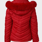 Zipper Pocket Design Shirred Fuzzy Trim Fleece Lined Hooded Puffer Jacket
